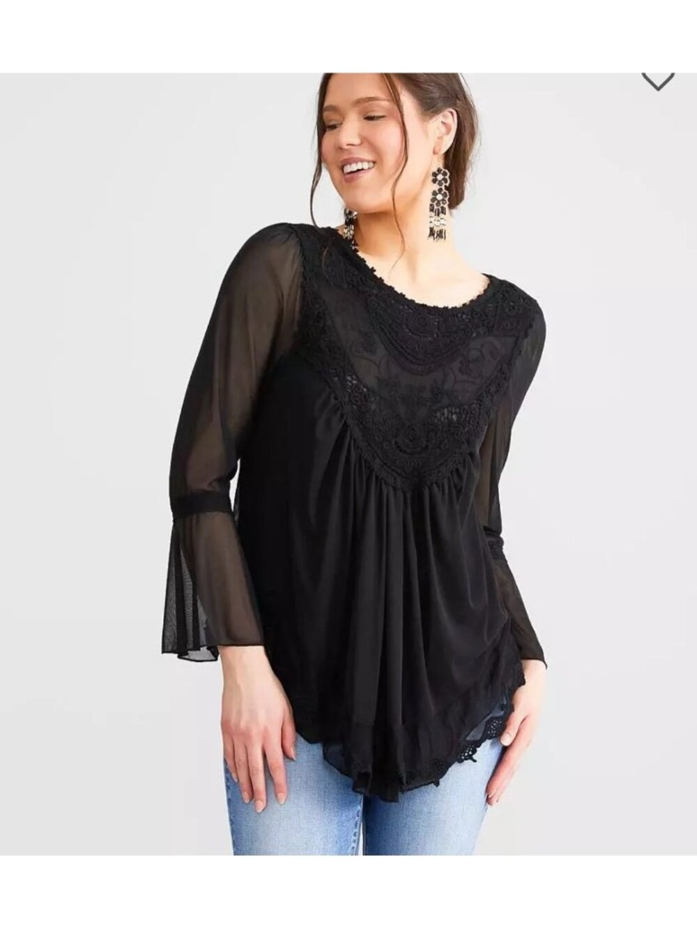 Ultra Pink Womens Lace Embroidered Beige Blouse Top With Flowy Hem & Bell Sleeve
